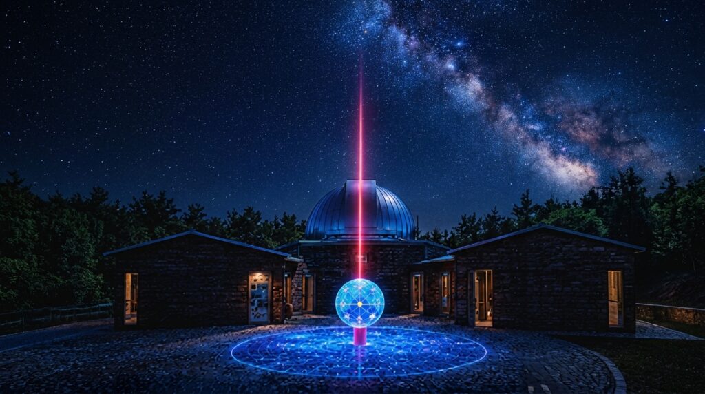Lezioni dallo Spazio: cupola dell’Osservatorio del Chianti sotto il cielo stellato, con una sfera luminosa, un fascio verticale e un cerchio di luce azzurra sul pavimento.